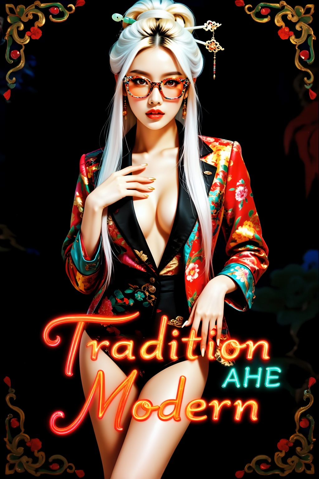 Top quality. Inspiration: Cover design. Image: A long-haired girl wearing patterned plastic-framed glasses,  gazing at the...