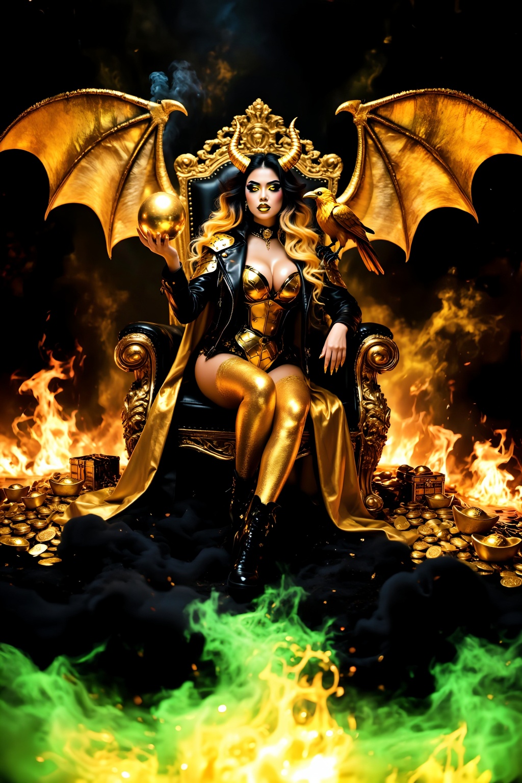 A busty girl with huge golden devil wings (like bat-like wings),  with a show-off expression on her face,  wearing a black...