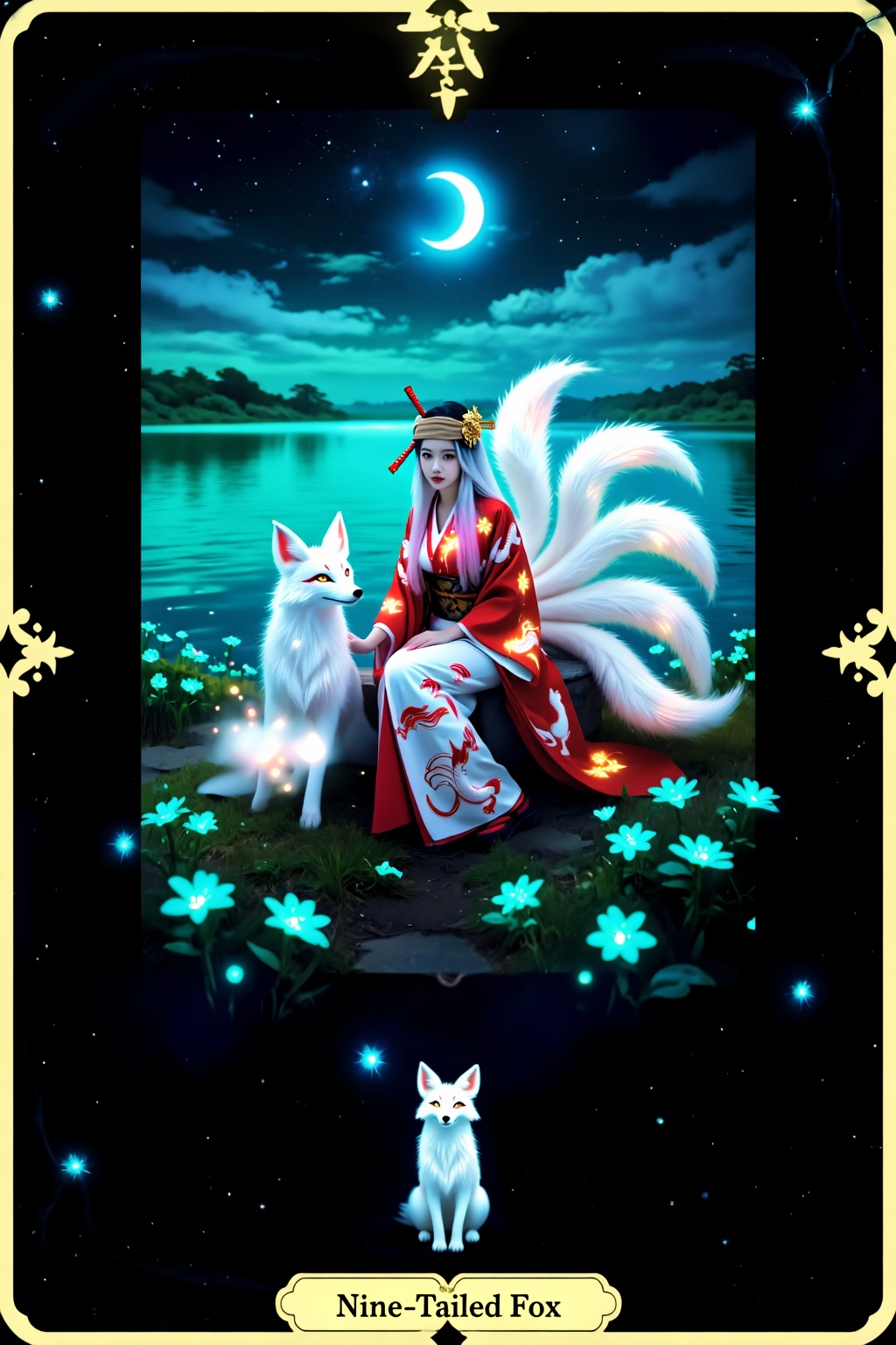 Score_9,  this Tarot card depicts a powerful nine-tailed fox unleashing its mighty power under the moonlight. The card nam...