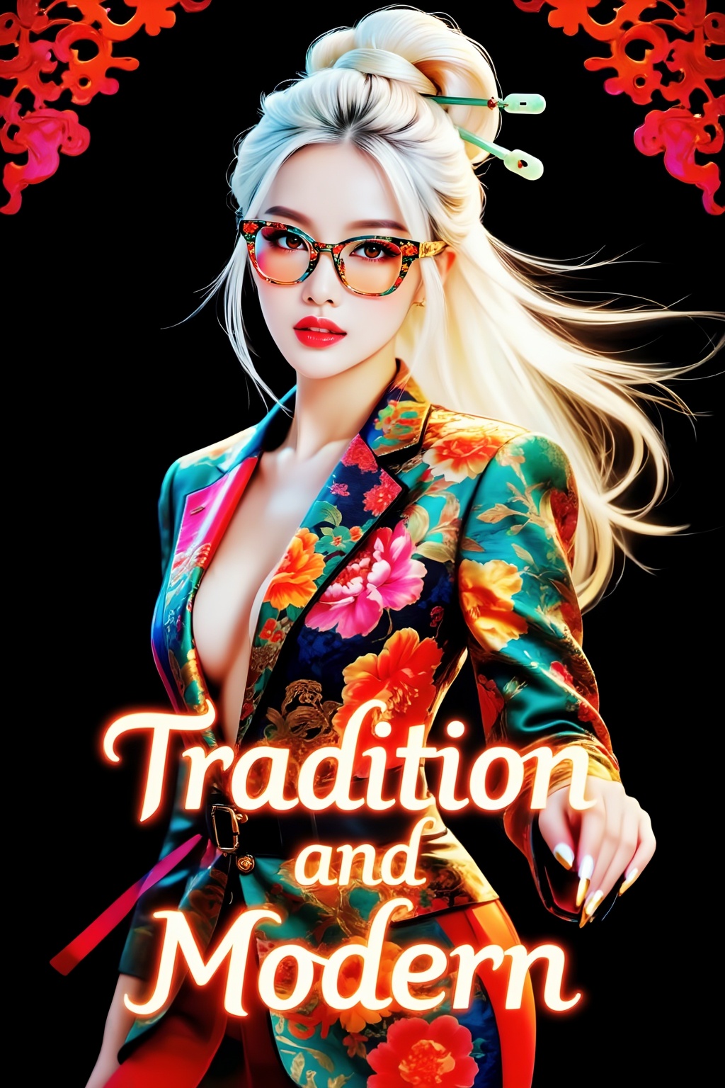 Top quality. Inspiration: Cover design. Image: A long-haired girl wearing patterned plastic-framed glasses,  gazing at the...