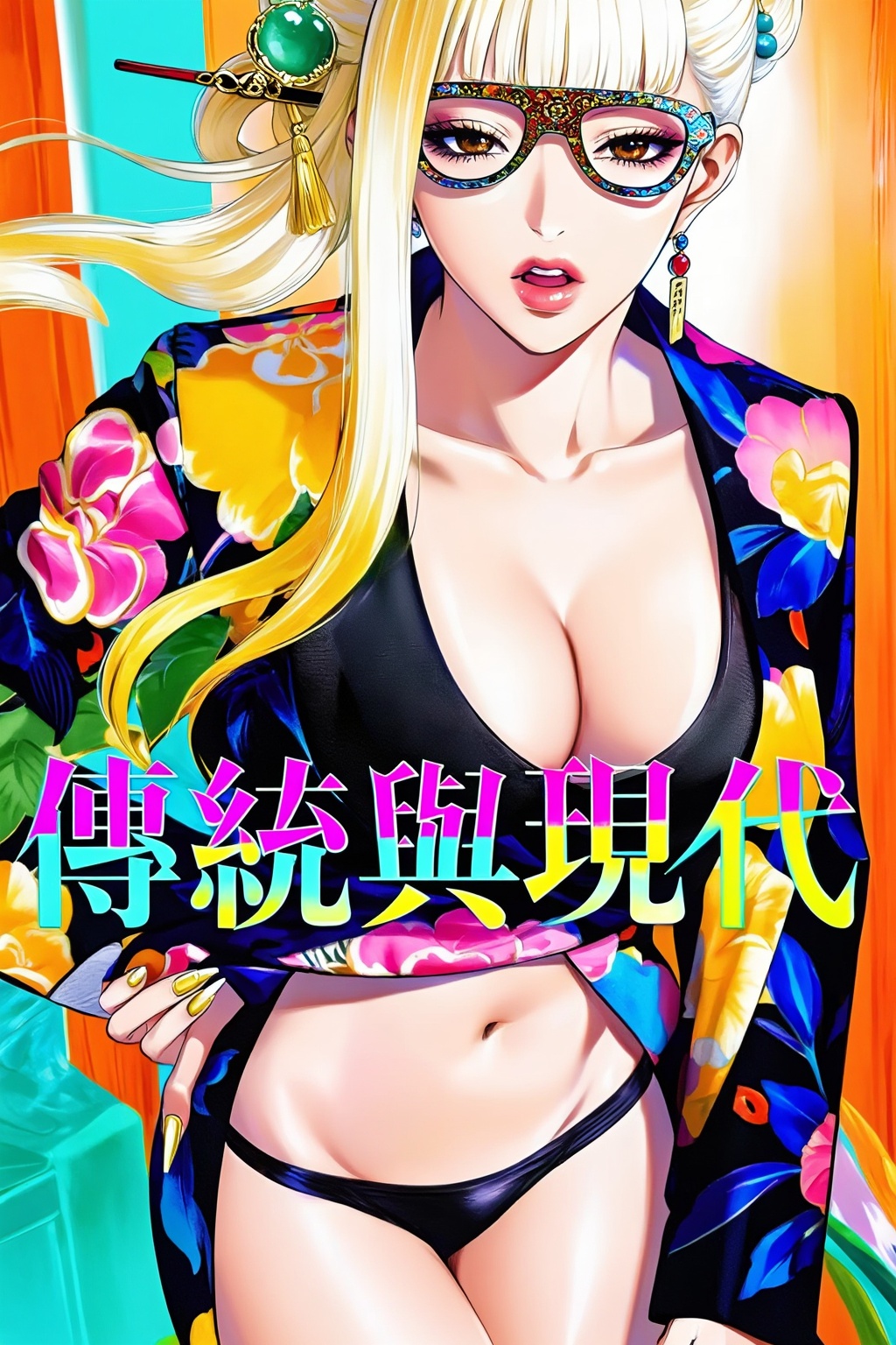 Top quality. Inspiration: Cover design. Image: A long-haired girl wearing patterned plastic-framed glasses,  gazing at the...