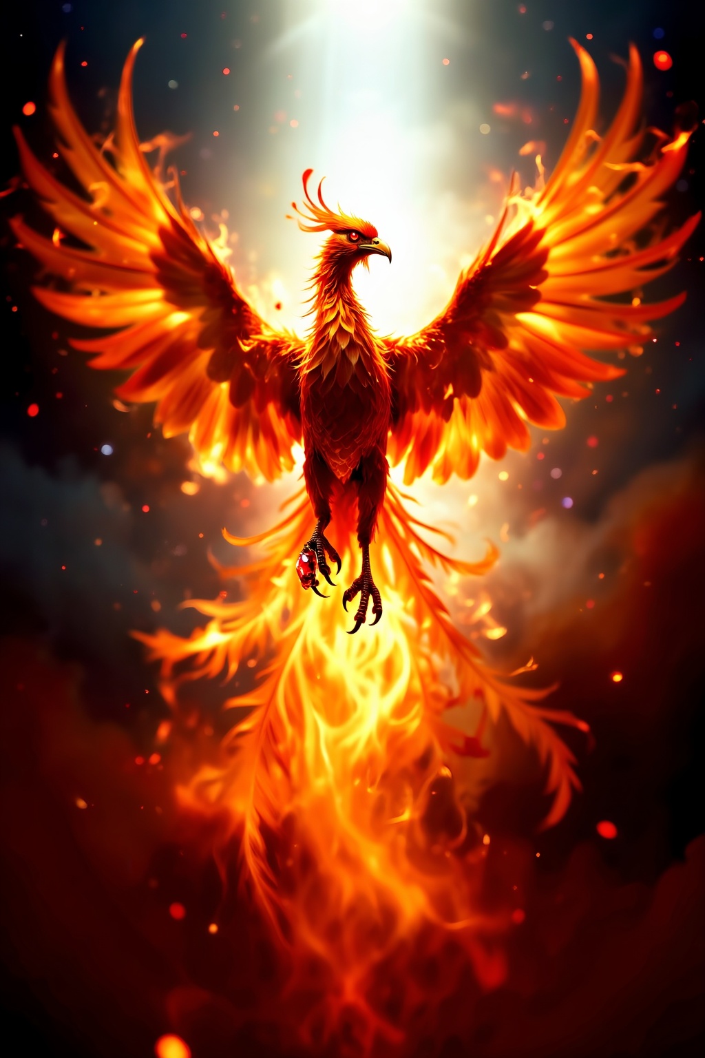 Close-up: This exquisitely composed and breathtaking painting depicts a phoenix riding the power of fire. The phoenix's ma...