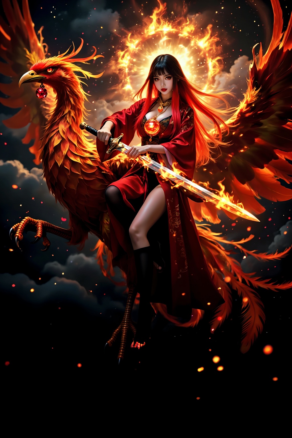 Close-up: A magnificent,  beautiful,  and intricate composition depicts a young woman and a phoenix working together to ha...