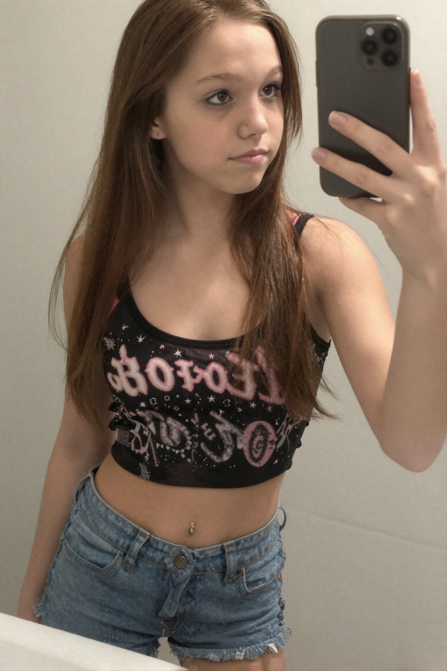 Create a candid photograph of a 16-year-old teenage girl with youthful beauty,  capturing her in a moment of taking a self...