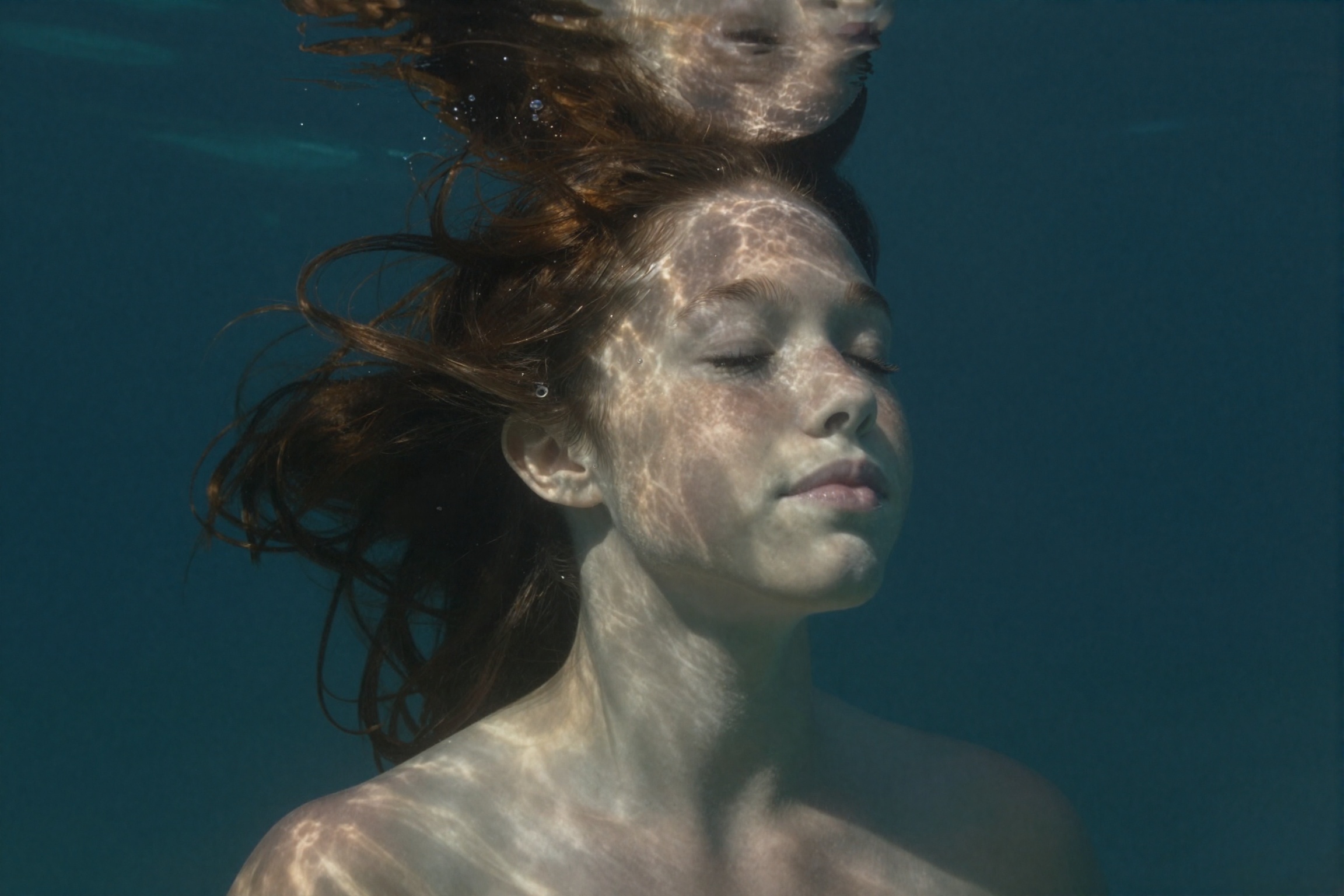 In this hauntingly serene underwater cinematic shot,  a young woman floats serenely beneath the surface,  her face half-il...