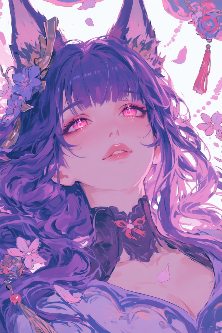 Create a dreamy illustration of a female character with fox ears,  long purple hair flowing gracefully,  and pink eyes shi...