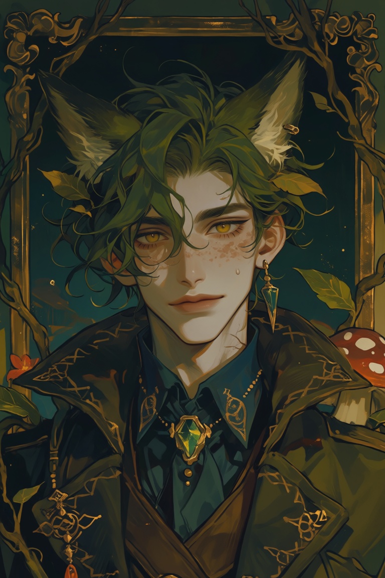 male,  fox_ears,  moss_green_hair on Tensor.Art