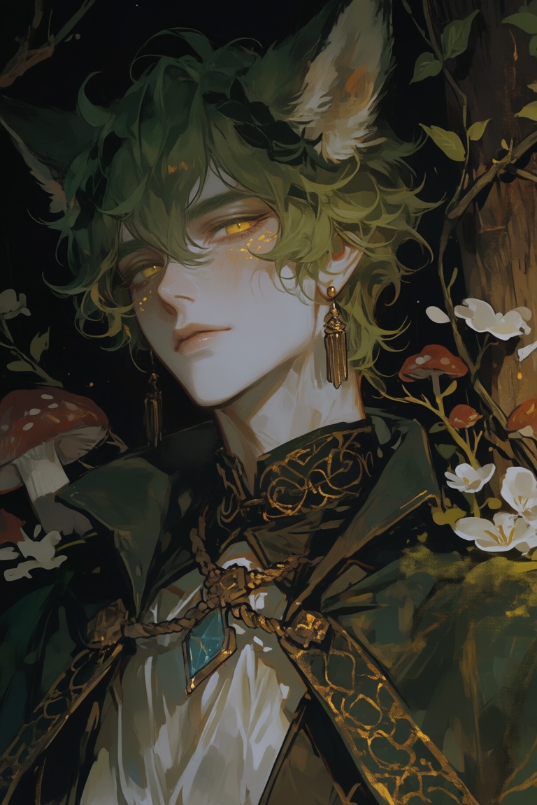 male,  fox_ears,  moss_green_hair on Tensor.Art