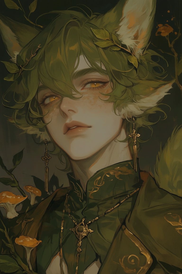 male,  fox_ears,  moss_green_hair on Tensor.Art