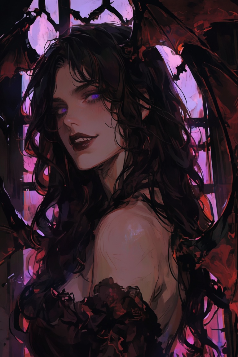Create a hauntingly beautiful scene set against the backdrop of a moonlit gothic mansion. Depict a woman with long black h...