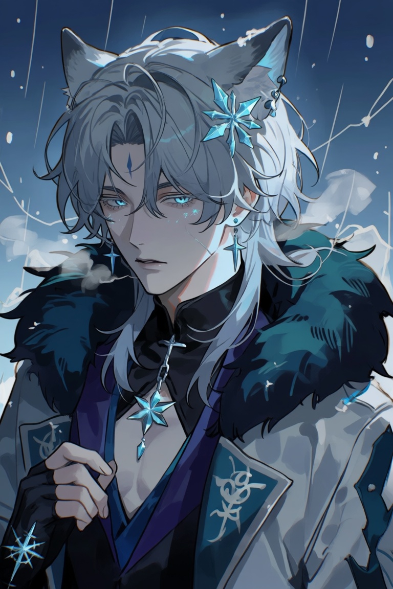 male,  wolf_ears,  long_fluffy_white_hair on Tensor.Art