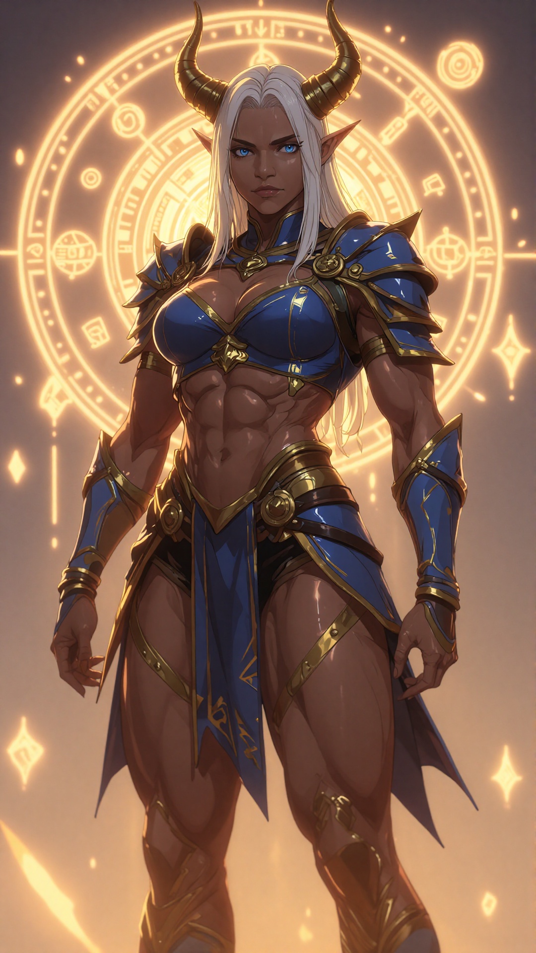 A digital illustration shoot from a frontal camera angle about a fantasy character with horns and armor,  standing confide...