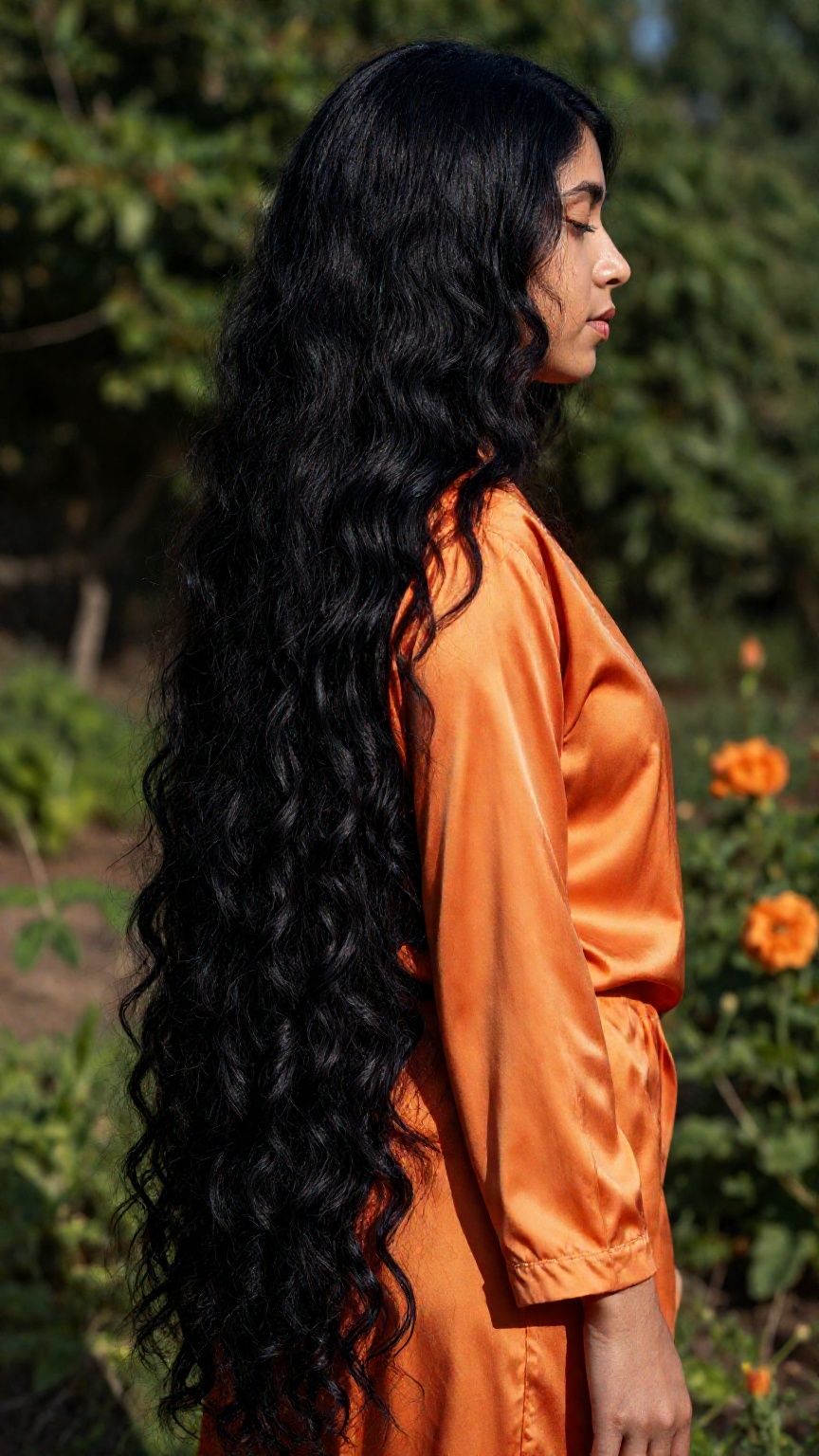 Very very long hair Photograph of a young woman with long wavy black hair standing in profile. She has medium brown skin a...