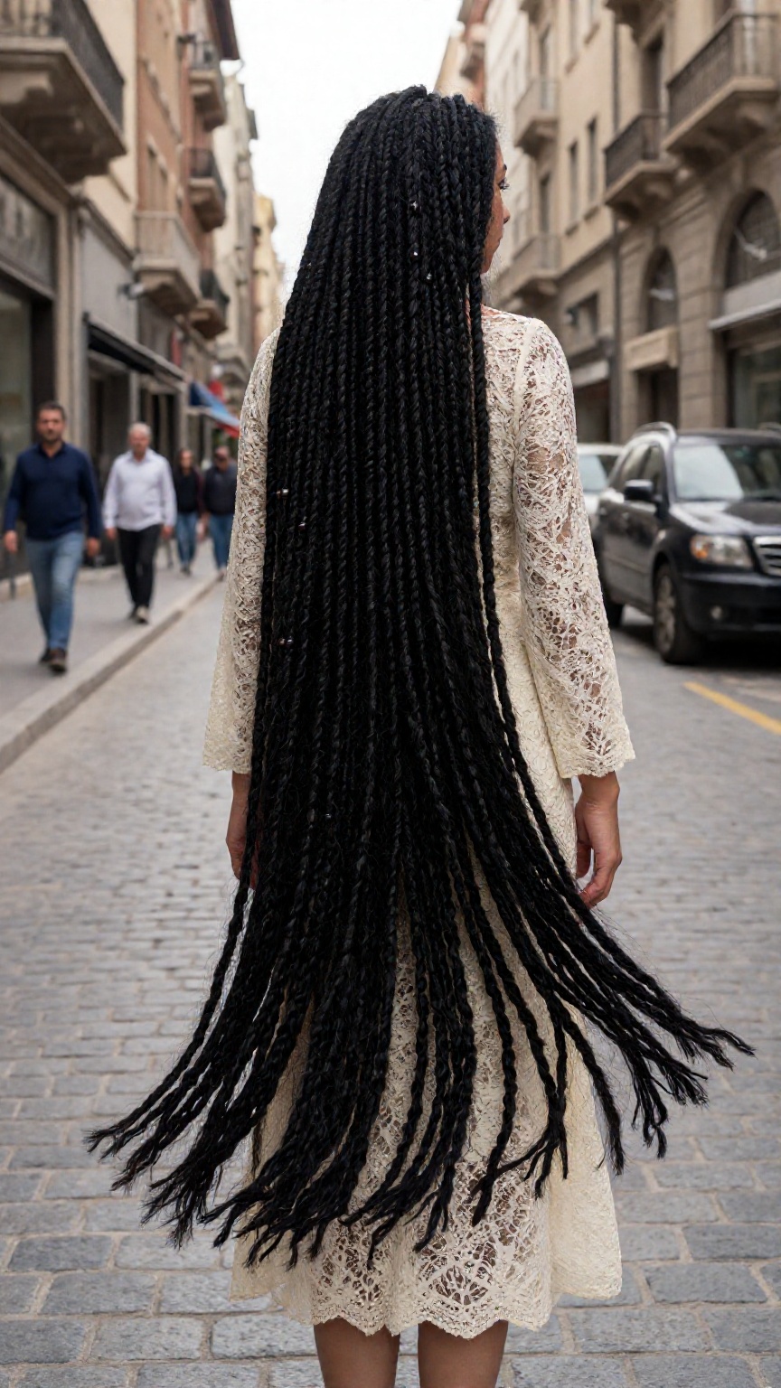 Very very long hair Photograph of a woman with long flowing black dreadlocks that reach down to her calves standing on a c...