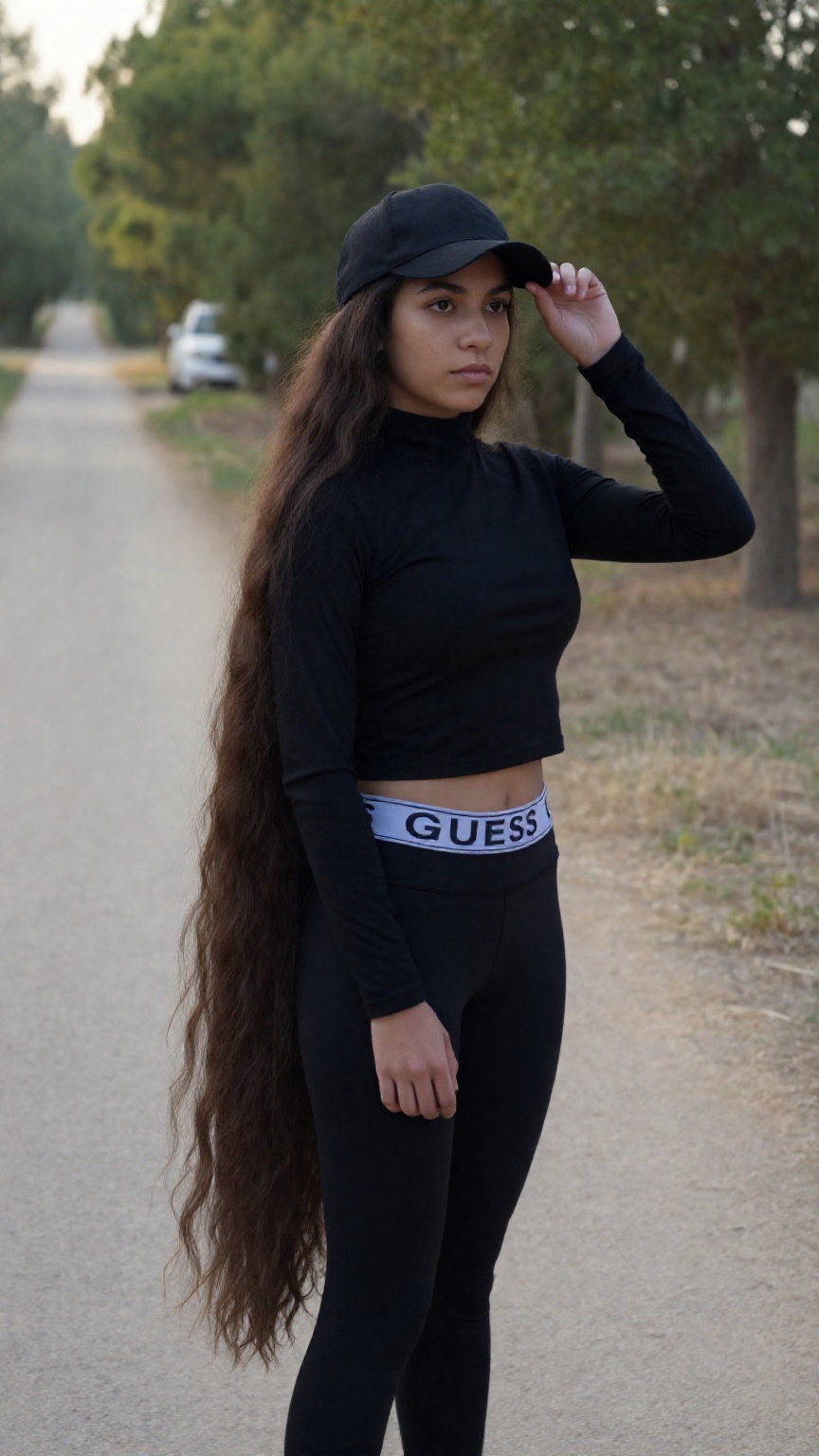 Very very long hair Photograph of a young woman standing on a dirt path in a wooded area. She has long wavy brown hair tha...
