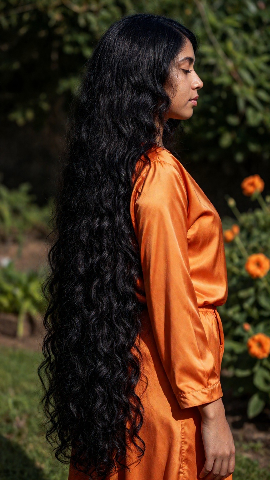 Very very long hair Photograph of a young woman with long wavy black hair standing in profile. She has medium brown skin a...