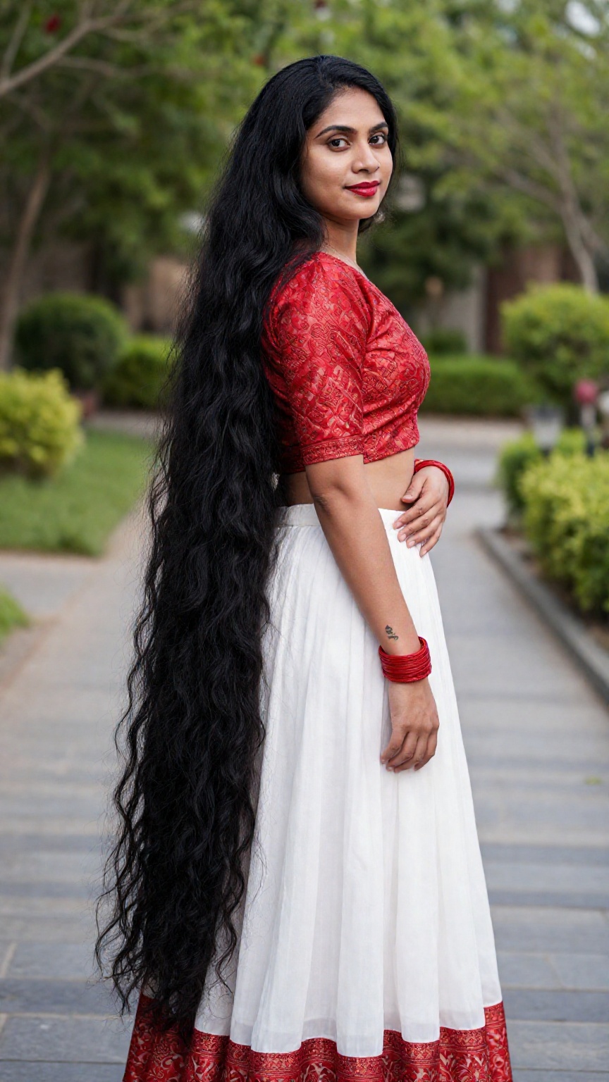 Very very long hair Photograph of a South Asian woman standing outdoors on a paved pathway with a blurred green garden in...