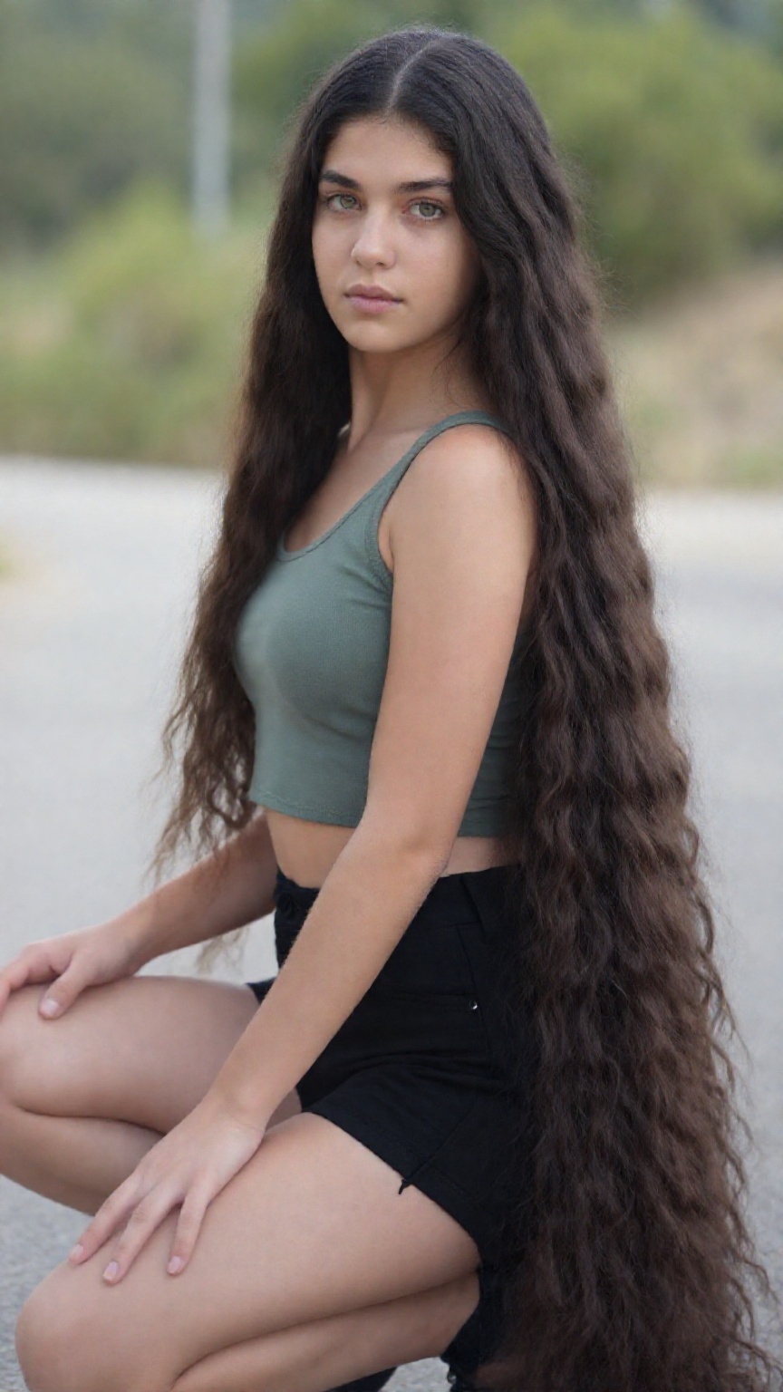 Very very long hair Photograph of a young woman with long wavy dark brown hair cascading down her back. She has fair skin...