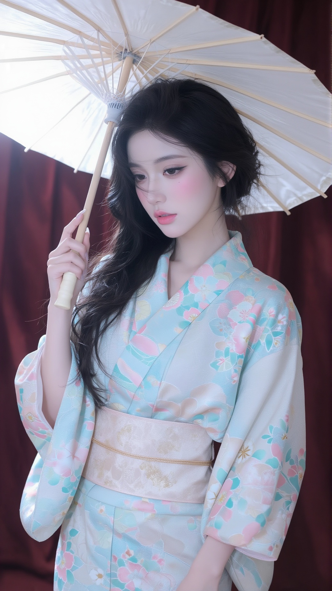 this is a photograph of an east asian woman with fair skin and delicate features,  dressed in a traditional japanese kimon...