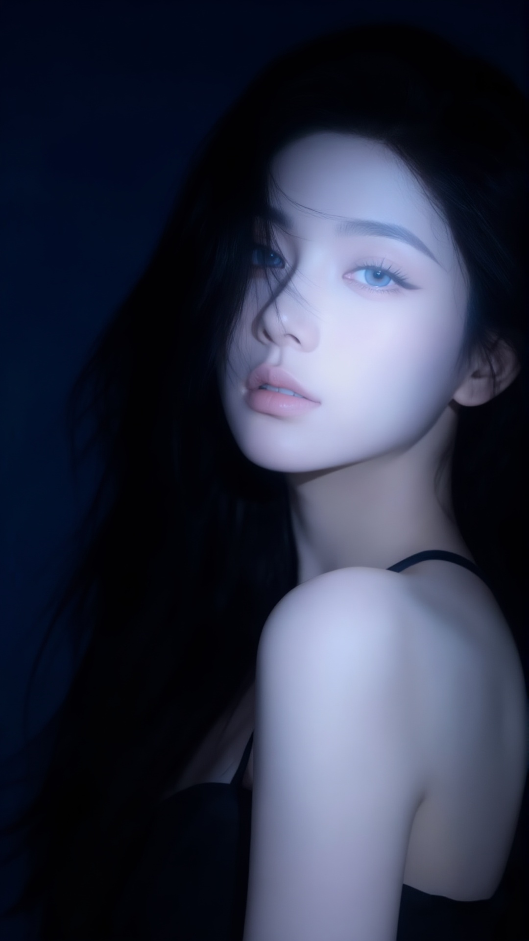This is a photograph of an East Asian woman with fair skin and delicate features,  captured in a moody,  low-light setting...