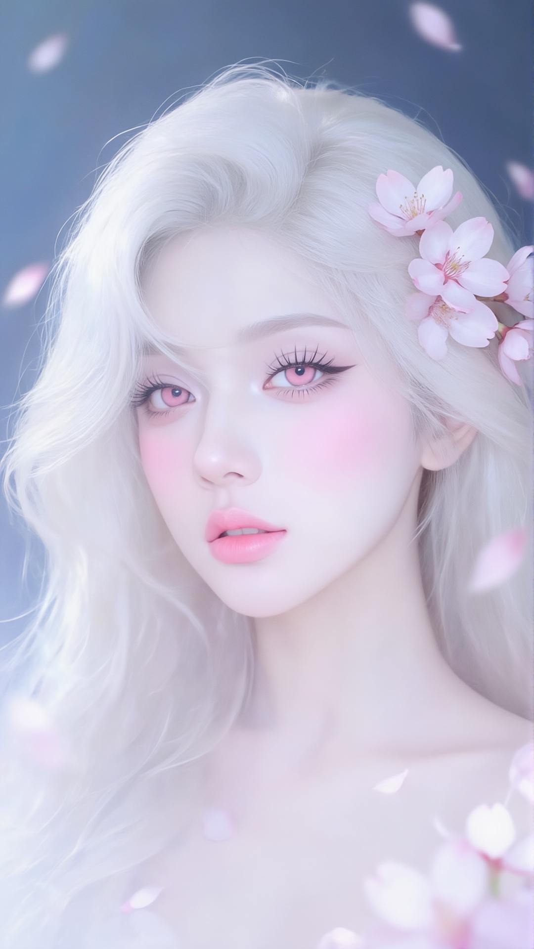 this is a highly stylized digital portrait of a young woman with a ethereal,  almost otherworldly appearance,  she has lon...