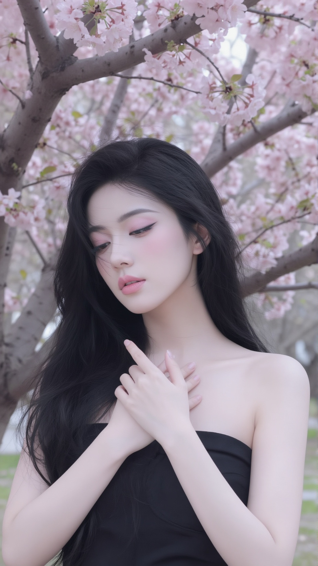 this is a photograph of an asian woman with long,  straight,  black hair and fair skin on Tensor.Art