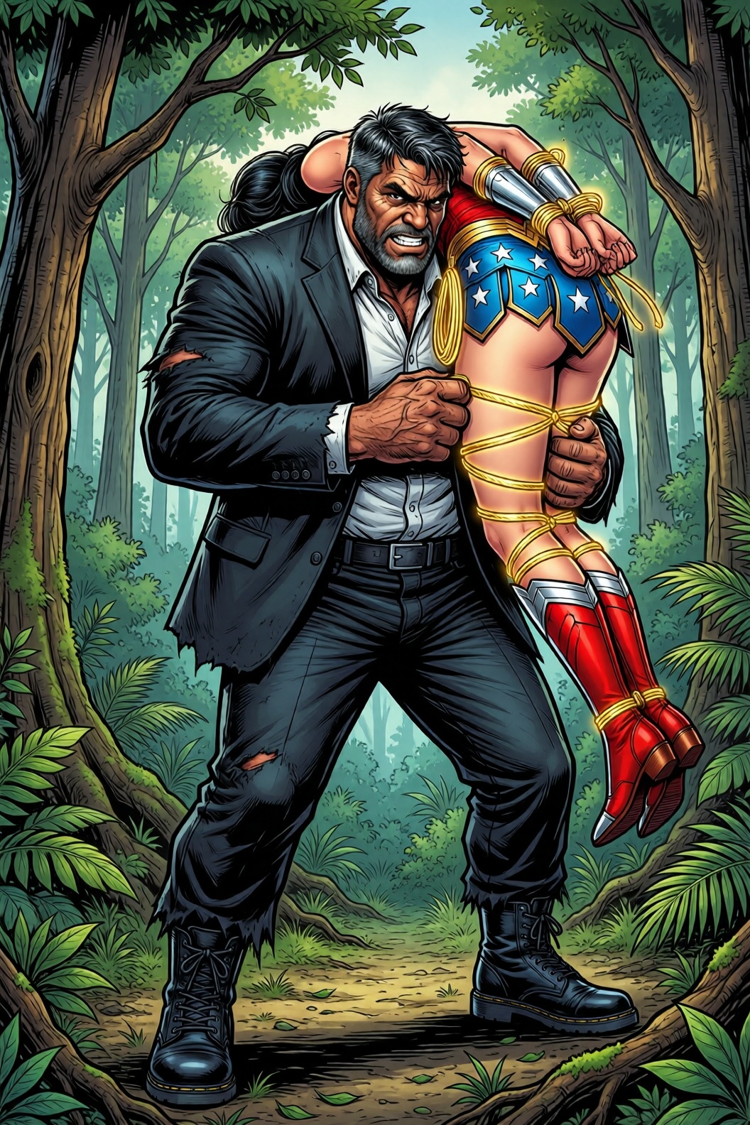 In this comic book style illustration,  a massive,  dark-skinned male figure with short grey hair and a menacing expressio...