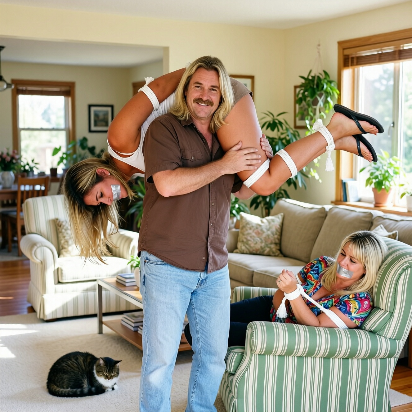 In an indoor setting in a living room,  a man with long,  blonde hair stands in the center on Tensor.Art
