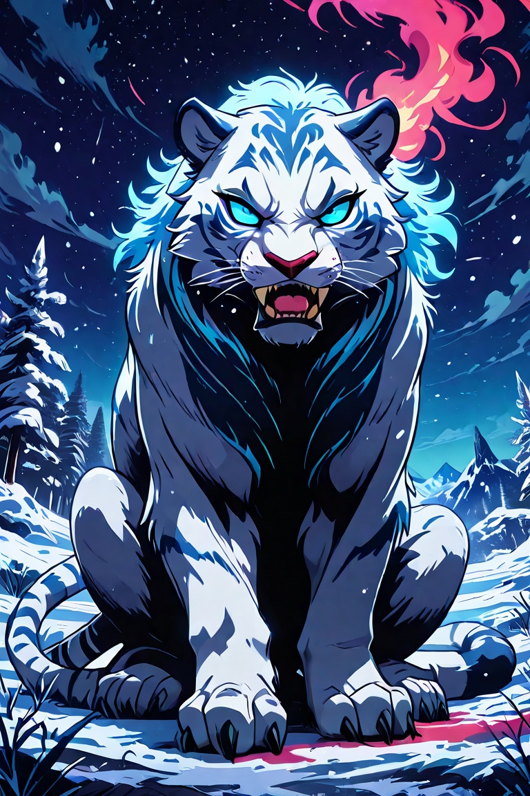 Create a vivid image of an ice tiger,  a majestic white tiger with piercing blue eyes that seem to hold a flame of fire. T...