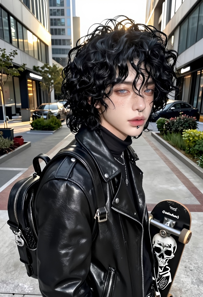 photorealistic street photography,  alternative young man,  black curly medium-length hair on Tensor.Art