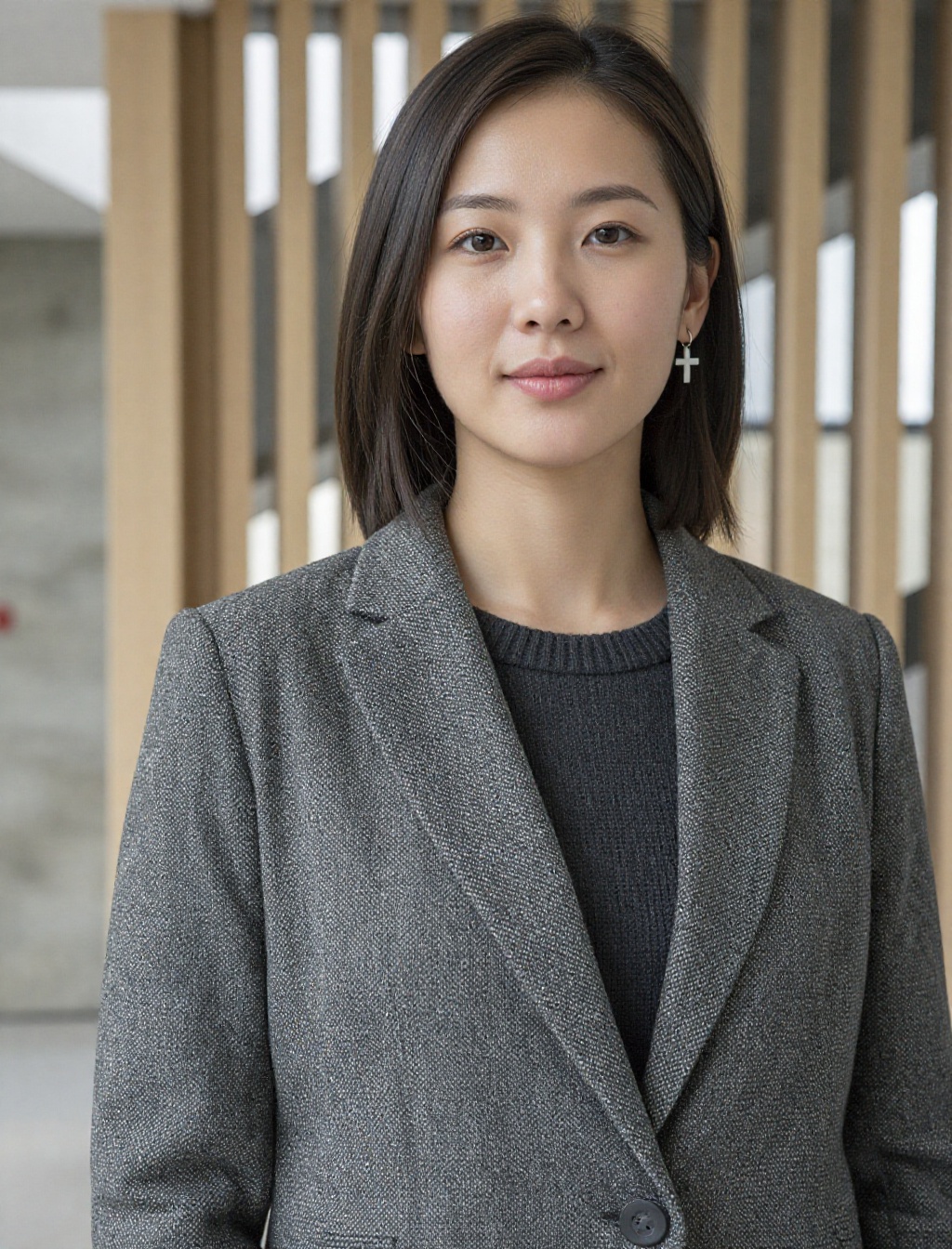 A young East Asian woman with shoulder-length dark hair stands in a professional interior,  her expression soft and compos...