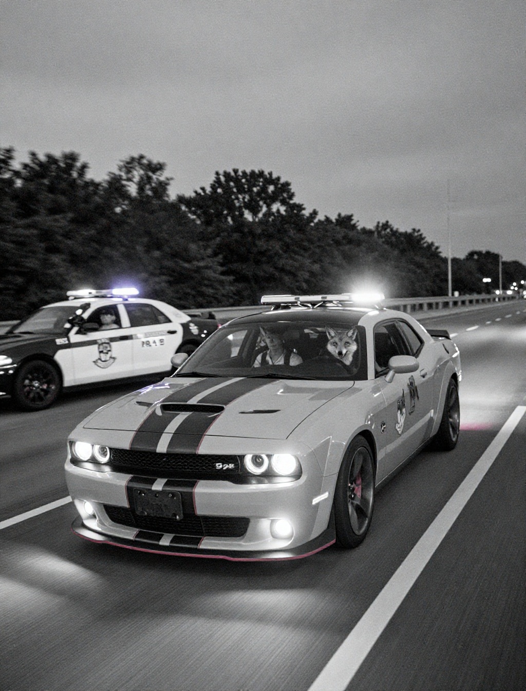 Deep night. Dodge challenger SRT 392 with fox as pilot speeding on the highway. Hunted by a police car with colored flashi...