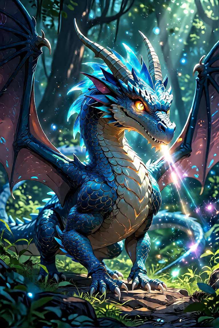 A mystical dragon with intricate blue scales and glowing amber eyes,  in a lush forest setting,  animated with light rays...