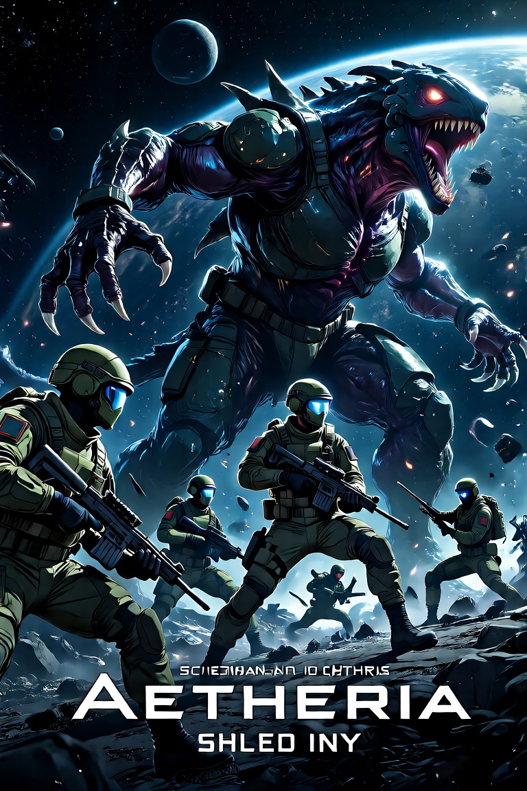 "Aetheria,  a group of sci-fi soldiers battling a giant space monster,  dynamic pose on Tensor.Art