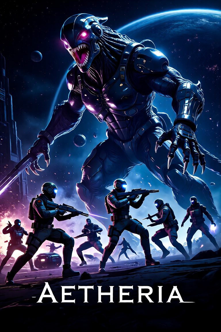 "Aetheria,  a group of sci-fi soldiers battling a giant space monster,  dynamic pose on Tensor.Art