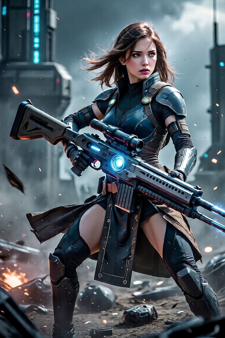 ​"Aetheria,  a female sci-fi warrior with a powerful weapon,  standing on a battlefield on Tensor.Art