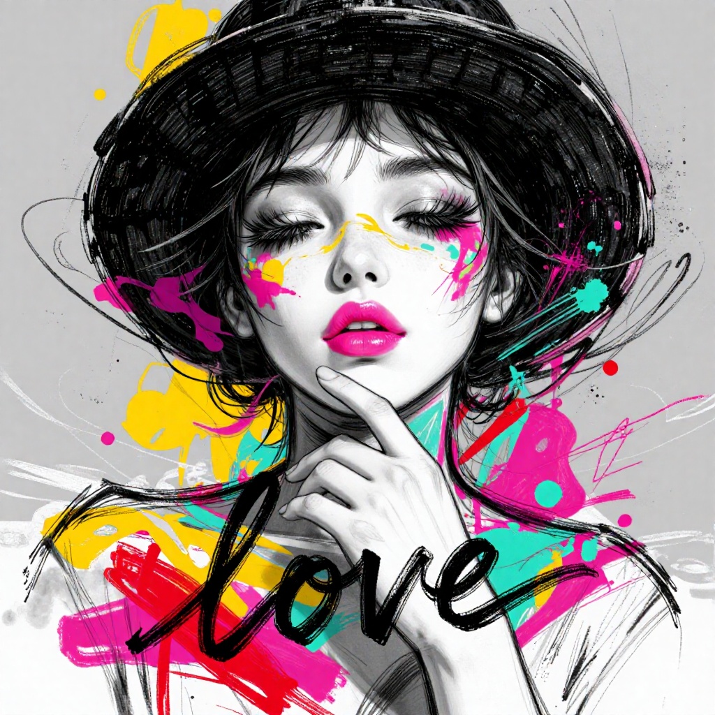 digipaint,  Close-up of a woman in an expressive illustration style. The subject features fair skin,  closed eyes with lon...