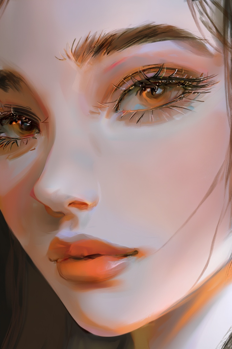 Create a digipaint portrait of a woman with smooth,  digital brush strokes that capture her delicate features and expressi...