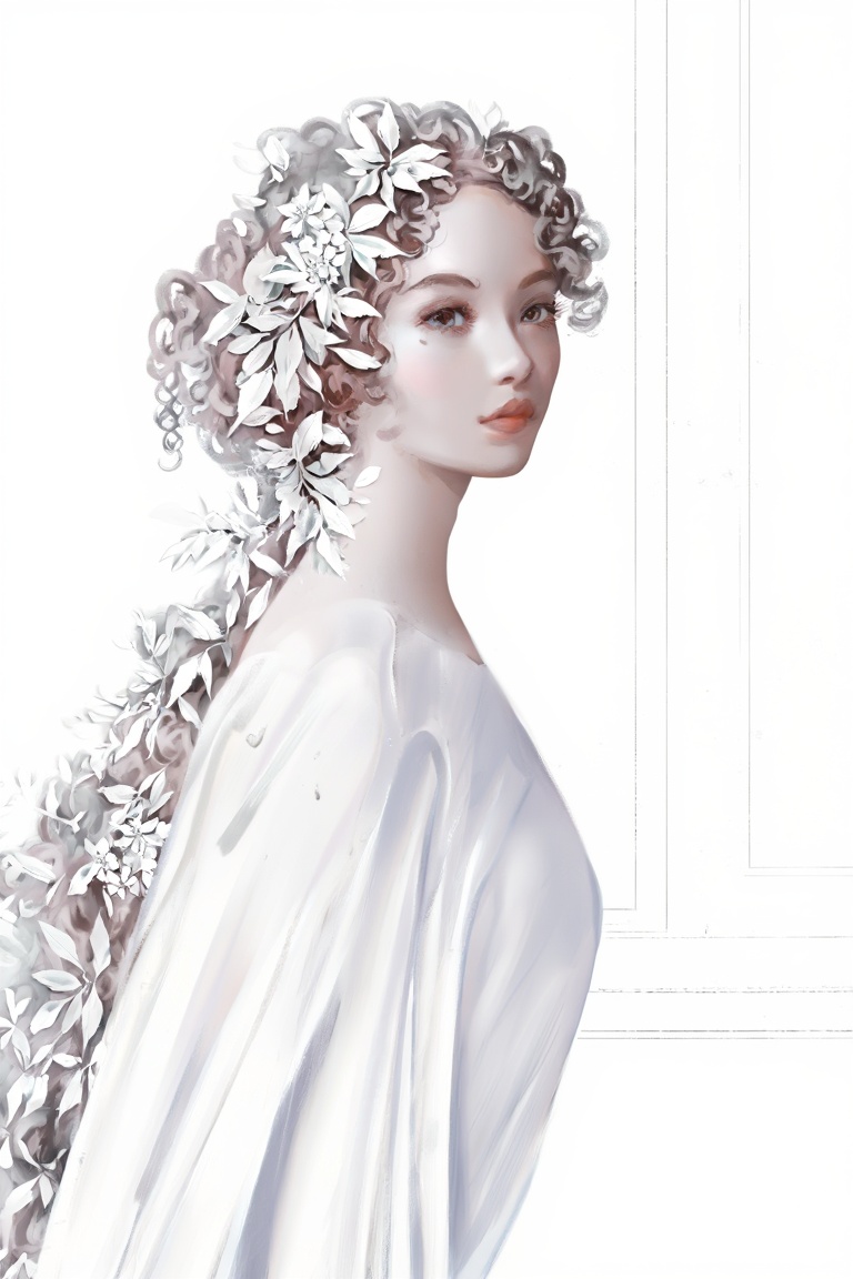 a woman with long curly hair,  adorned with delicate white floral and leaf decorations upon her head,  rendered in an ethe...