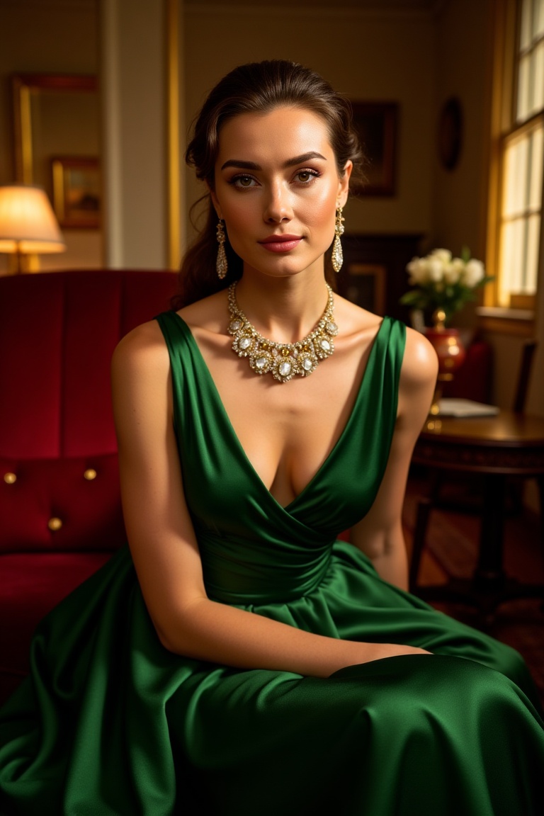 Gala Evening Glamour — elegant evening gown in deep emerald silk with draped neckline,  sparkling jewelry: chandelier earr...