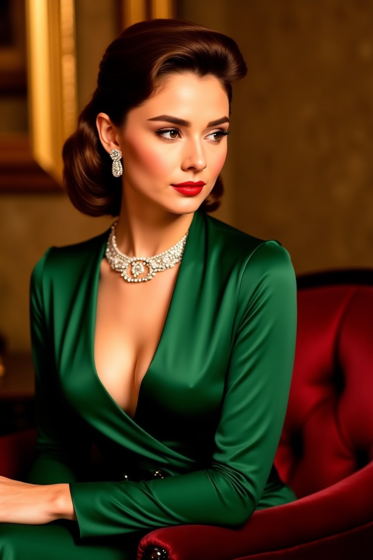 Gala Evening Glamour — elegant evening gown in deep emerald silk with draped neckline,  sparkling jewelry: chandelier earr...