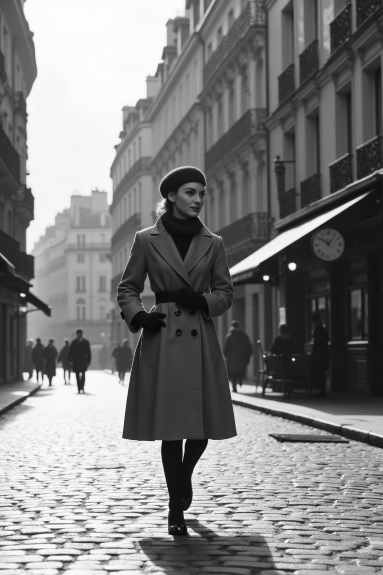 1950s Paris street scene,  medium-wide shot,  cobblestones glistening under soft overcast light on Tensor.Art