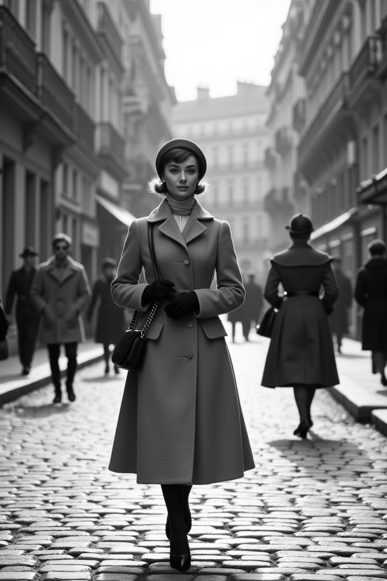 1950s Paris street scene,  medium-wide shot,  cobblestones glistening under soft overcast light on Tensor.Art