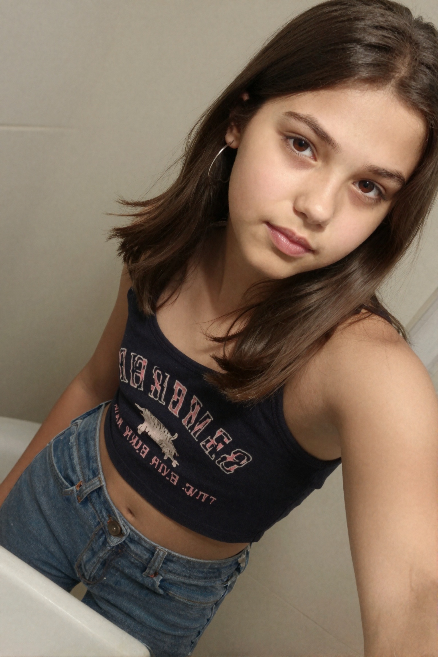 Create a candid photograph of a 16-year-old teenage girl with youthful beauty,  capturing her in a moment of taking a self...