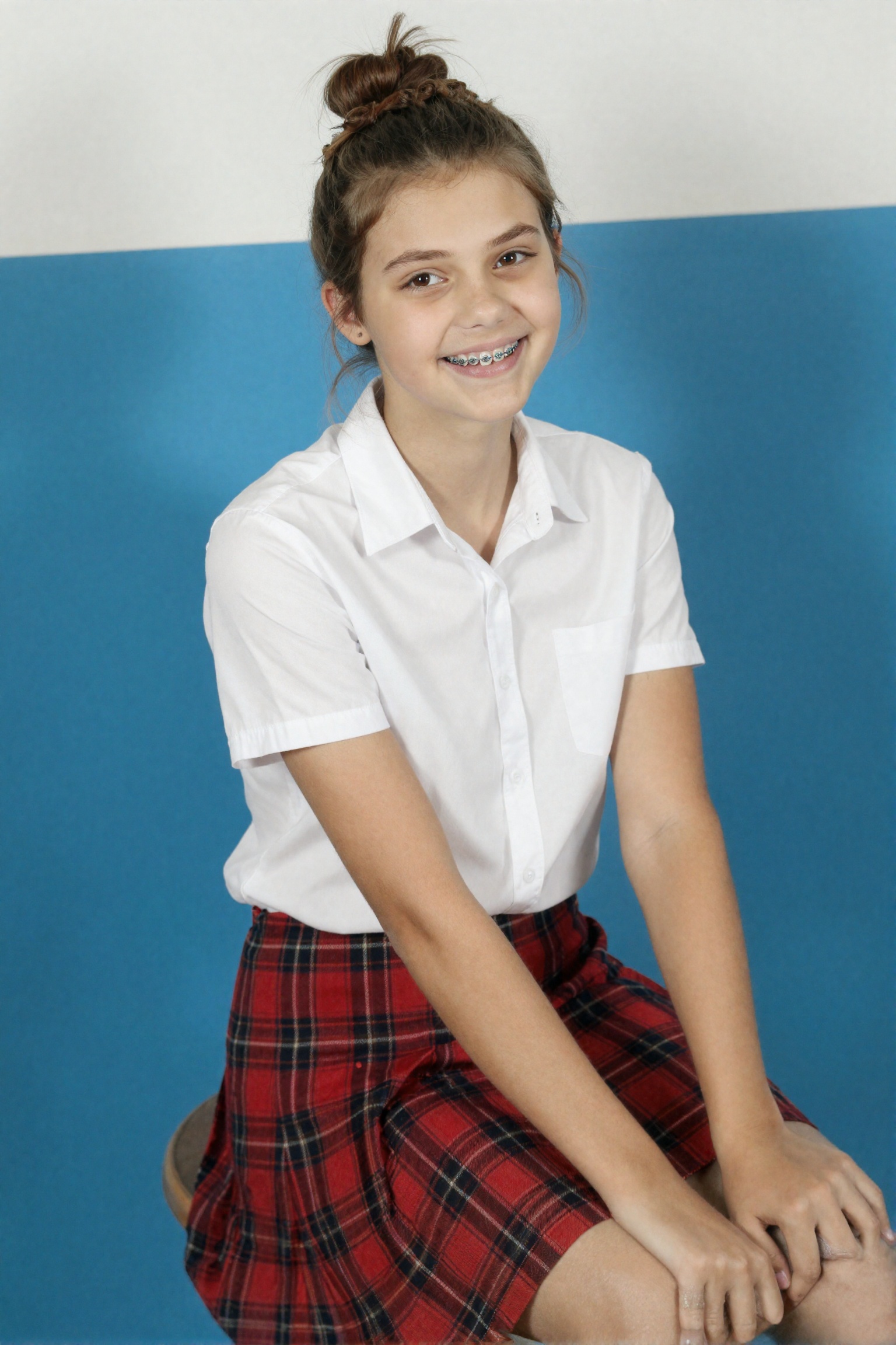 Create a school picture of a 19-year-old girl sitting on a stool,  smiling with her teeth having braces. Her hair is in a...
