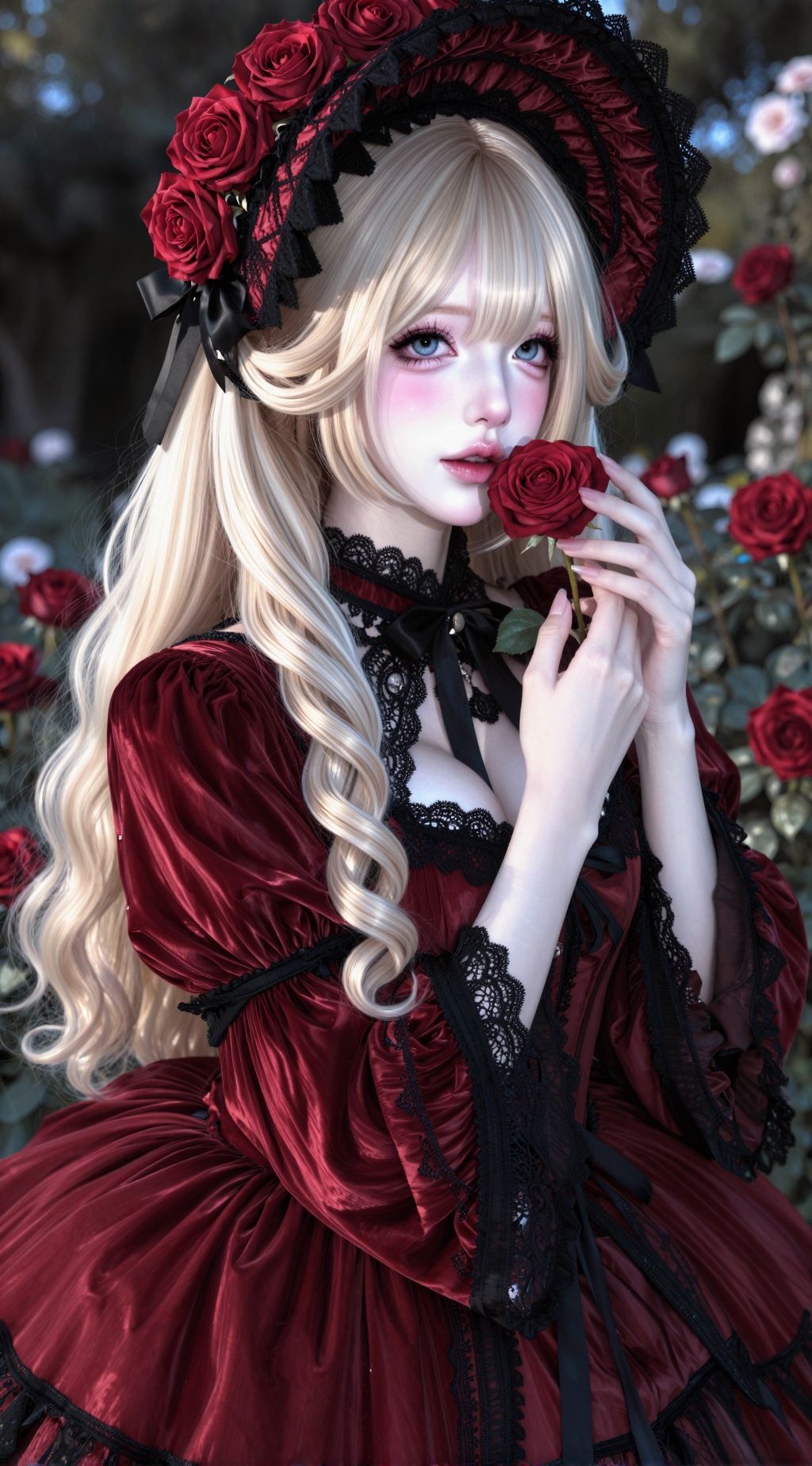 cinematic gothic rose portrait,  delicate doll-like facial features,  porcelain skin on Tensor.Art