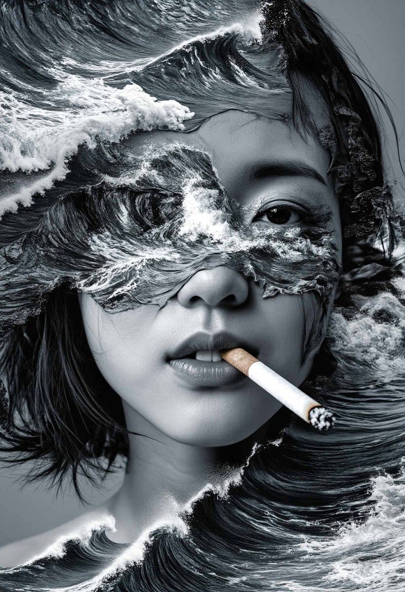 A surreal artwork showing a asian woman face with a cigarette in their mouth. upper face is obscured by what looks like a...