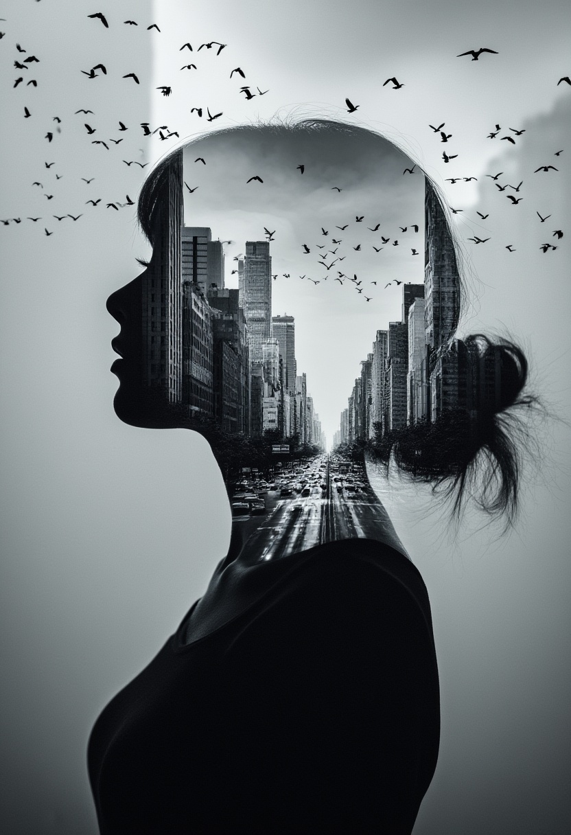 photorealistic silhouette of woman's head,  within which there appears to be a cityscape with buildings. (birds FLY BETWEE...