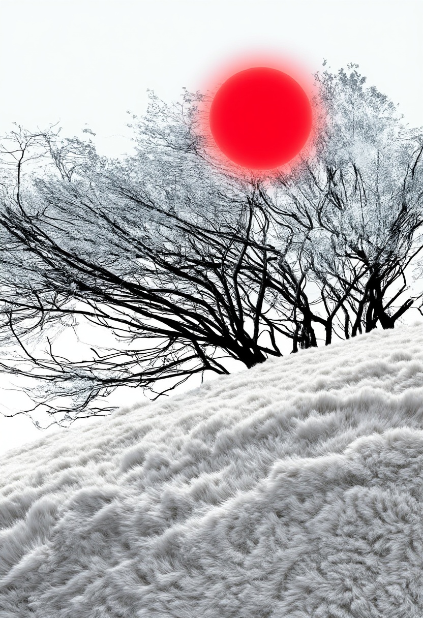 Abstract,  white fleecy hill,  sprawling black and white tree on Tensor.Art