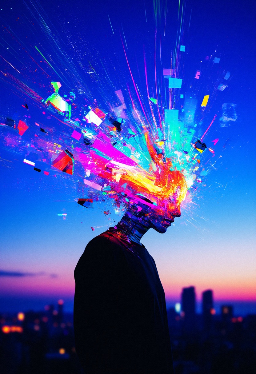 A surreal and glitch-inspired depiction of a figure with their head dissolving into a vibrant explosion of colorful light...